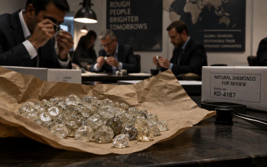 Rough diamonds in a parcel paper at an Antwerp tender room