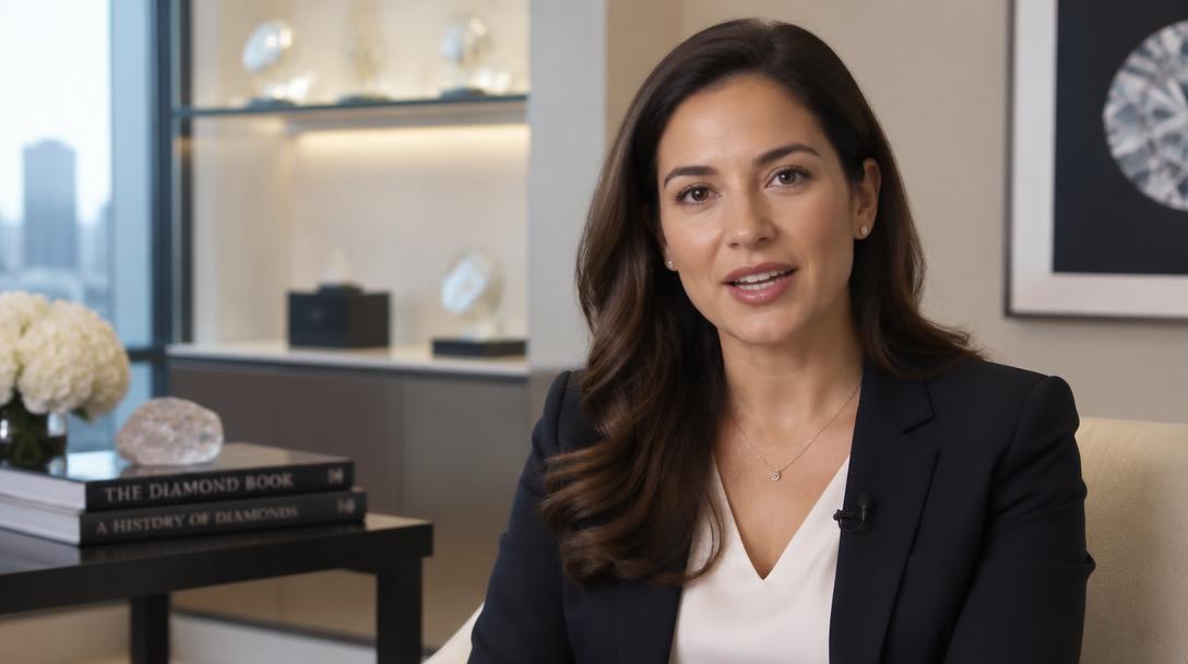 A diamond specialist speaking to camera in an office