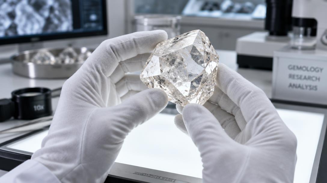Gloved hands examining a rough diamond crystal in a grading laboratory